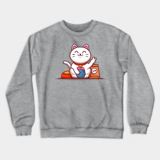 Cute Lucky Cat With Yarn Ball And Food Cartoon Vector Icon Illustration Crewneck Sweatshirt